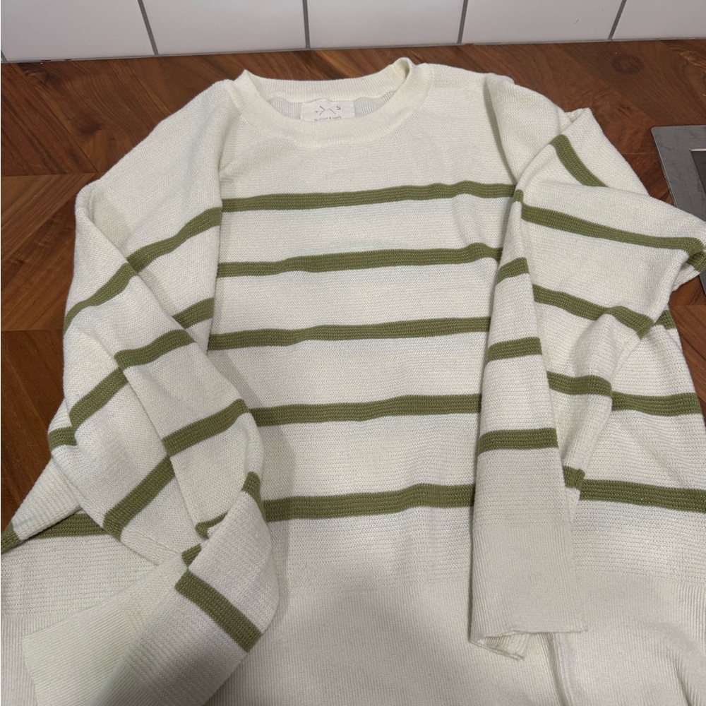 Lightwieght small waffle Thread and Supply cream and olive striped top.